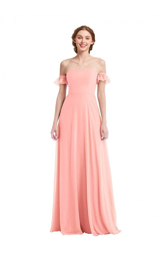 Off the Shoulder Ruffle Cuff Sleeve Chiffon Maxi Bridesmaid Dress Essex
