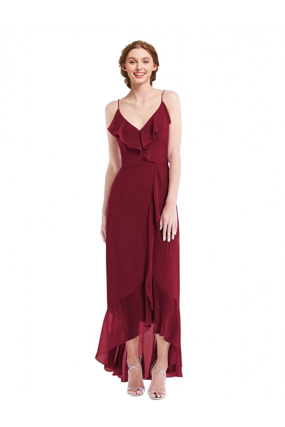 Ruffle Trimmed V-Neck High Low Wrap Chiffon Bridesmaid Dress Essex