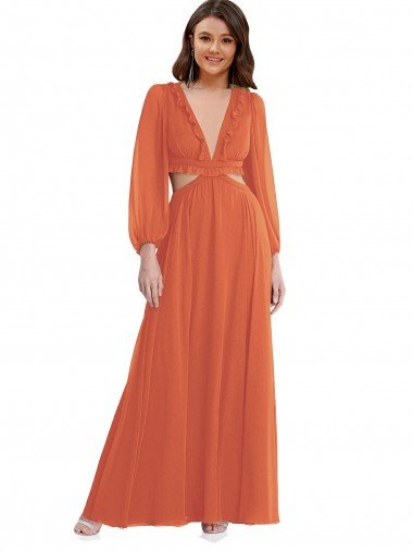 High Low Ruffled Long Chiffon Cutout Bishop Sleeves Maxi Bridesmaid Dress Essex