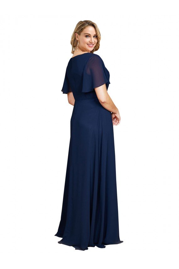 Chiffon V-Neck Short Sleeves Long Formal Bridesmaid Dress / Prom Dress with High Slit Essex