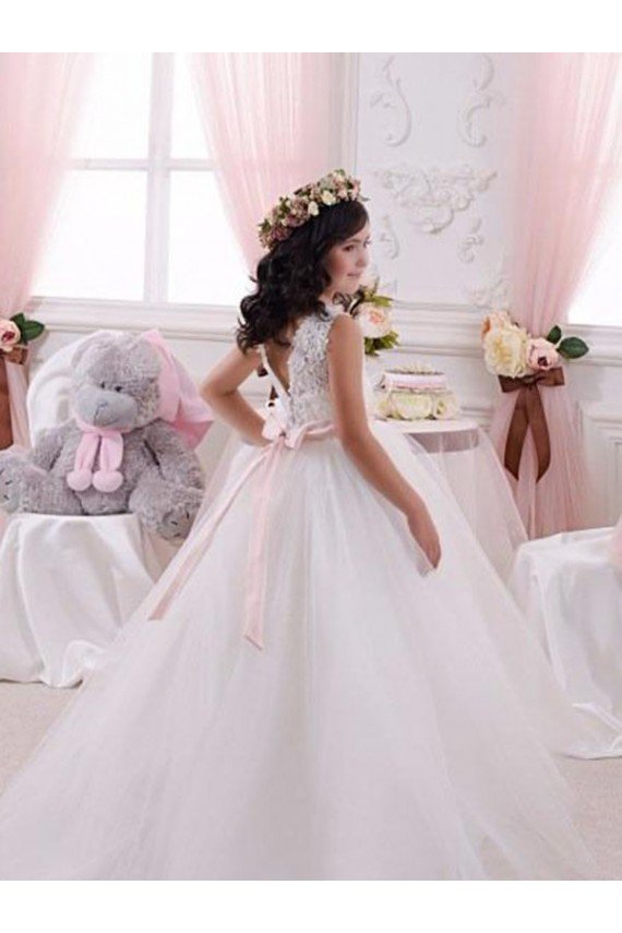 Ivory Ball Gown Bateau Chapel Train Sleeveless Flower Girl Dress Essex