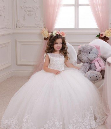 Ivory Ball Gown Bateau Neck Chapel Train Sleeveless Flower Girl Dress Essex