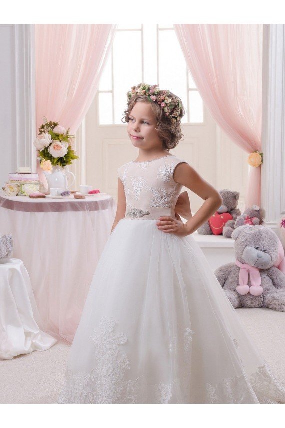 Ivory Ball Gown Bateau Neck Chapel Train V-Back Flower Girl Dress Essex