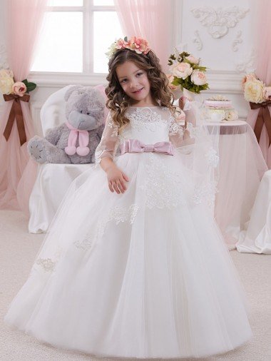 Ivory Ball Gown Bateau Neck Long Chapel Train Sleeveless Flower Girl Dress Essex