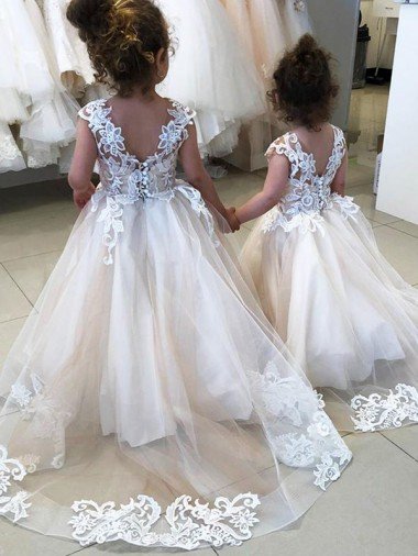 Ivory Ball Gown Chapel Train Sleeveless V-Back Flower Girl Dress Essex
