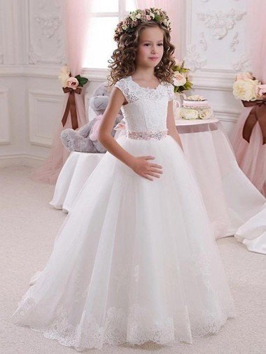 Ivory Ball Gown High Neck Floor Length Keyhole Back Flower Girl Dress Essex