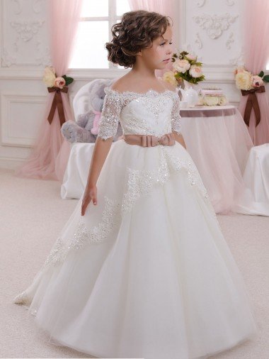Ivory Ball Gown High Neck Floor Length Short Sleeve Flower Girl Dress Essex