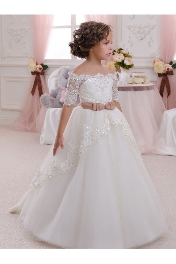 Ivory Ball Gown High Neck Floor Length Short Sleeve Flower Girl Dress Essex