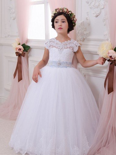 Ivory Ball Gown Sweetheart Chapel Train Cap Sleeve Flower Girl Dress Essex