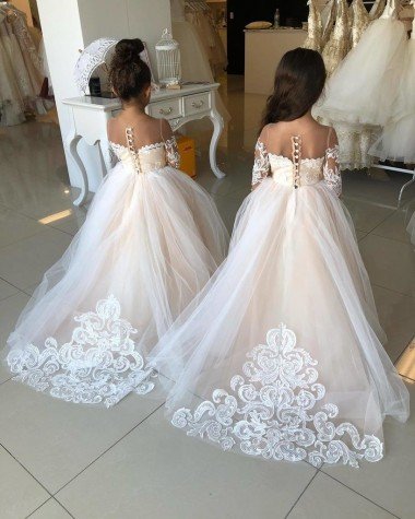Ivory Ball Gown Sweetheart Chapel Train Long Sleeve Flower Girl Dress Essex