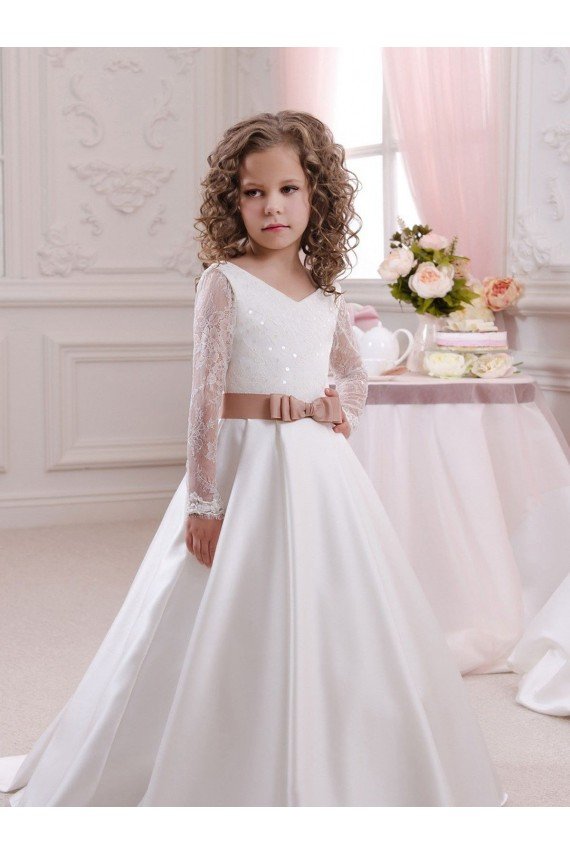 Ivory Ball Gown V-Neck Chapel Train Long Sleeve Flower Girl Dress Essex