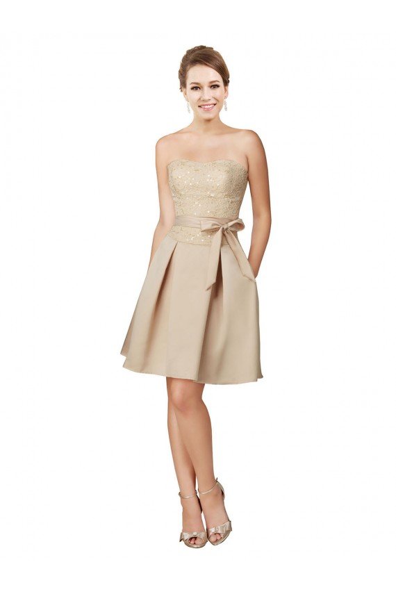 Short Classic Beaded Lace and Satin Bridesmaid Dress with Matching Satin Tie Sash Essex