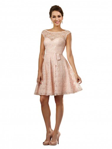 Short Knee Length Lace Bridesmaid Dress with Matching Chiffon Tie Sash Essex