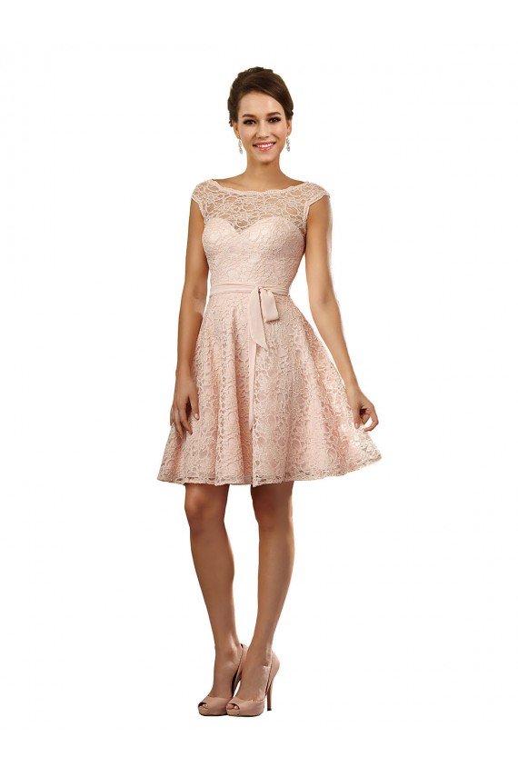 Short Knee Length Lace Bridesmaid Dress with Matching Chiffon Tie Sash Essex