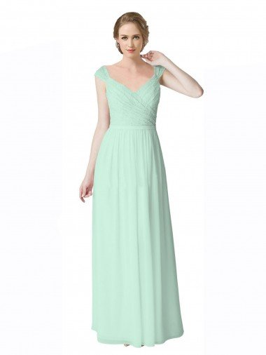 Long Chiffon Bridesmaid Dress with Corded Lace V-Neck Bodice Essex