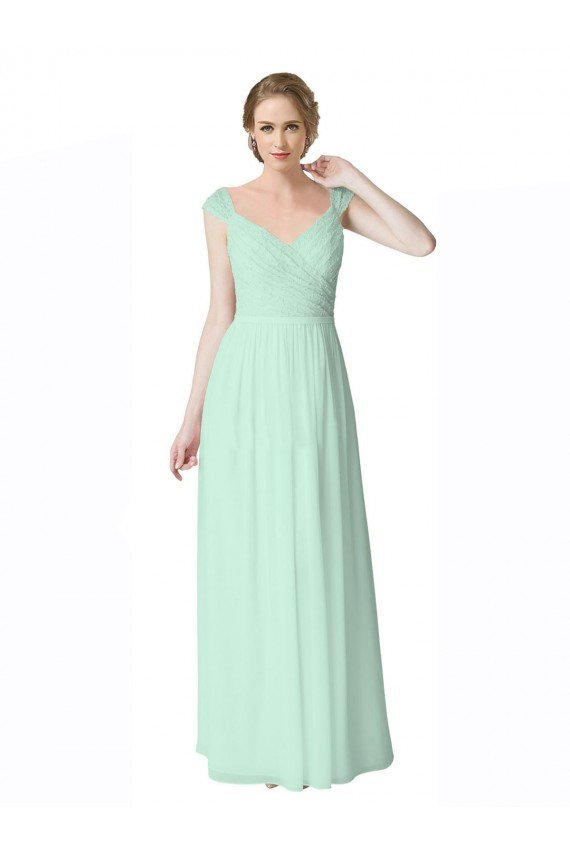 Long Chiffon Bridesmaid Dress with Corded Lace V-Neck Bodice Essex
