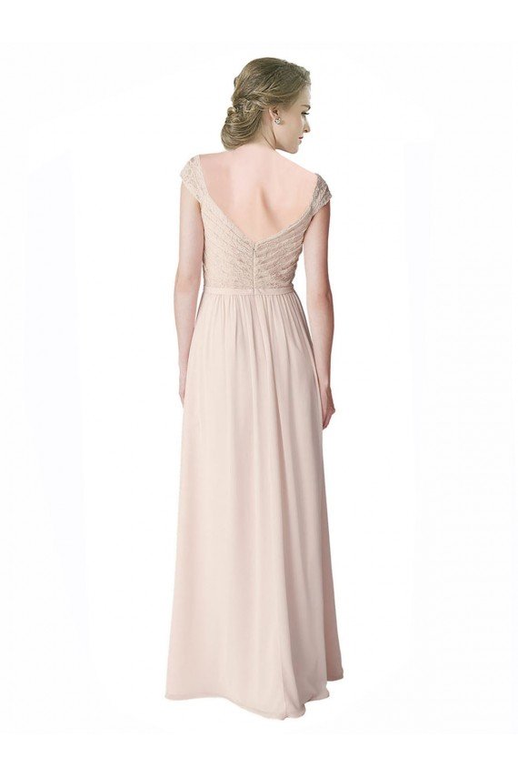 Long Chiffon Bridesmaid Dress with Corded Lace V-Neck Bodice Essex