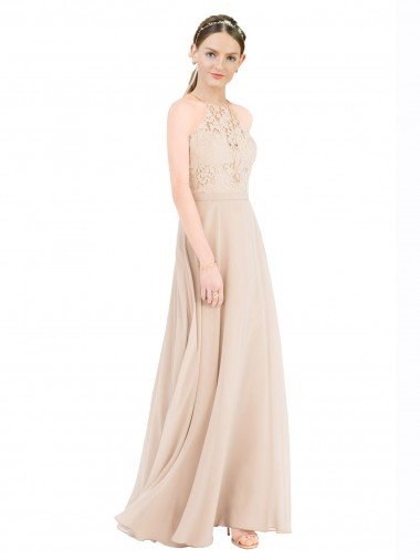 High Halter Neck Illusion Lace Bridesmaid Dress / Prom Dress with Chiffon Skirt and Keyhole Back Essex