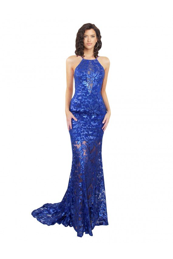High Neck Long Open Back Lace Bridesmaid Dress / Prom Dress with Train Essex