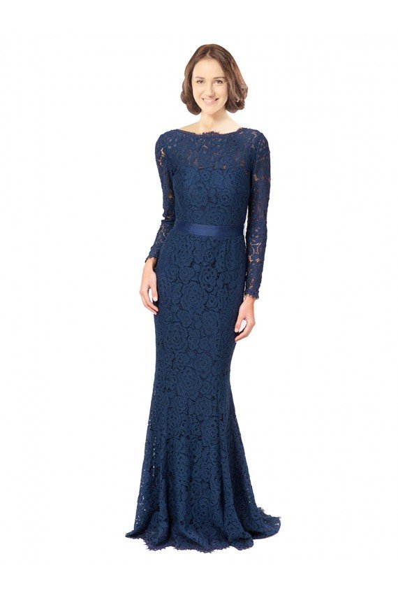 Long Sleeves Floor Length Vintage Lace Bridesmaid Dress with Deep V-Back Essex