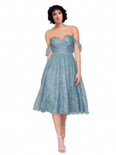 Off the Shoulder Sweetheart Chantilly Lace Midi Length Cocktail Bridesmaid Dress Essex