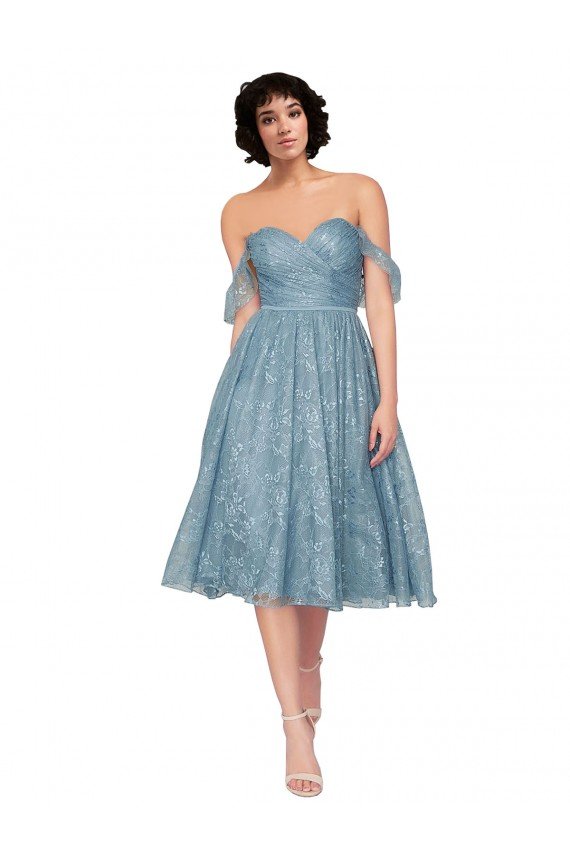 Off the Shoulder Sweetheart Chantilly Lace Midi Length Cocktail Bridesmaid Dress Essex