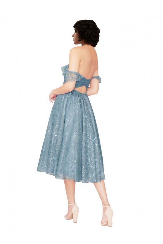 Off the Shoulder Sweetheart Chantilly Lace Midi Length Cocktail Bridesmaid Dress Essex