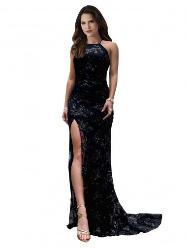 Formal High Neckline Lace Open Back Bridesmaid Dress / Prom Dress with High Slit Essex