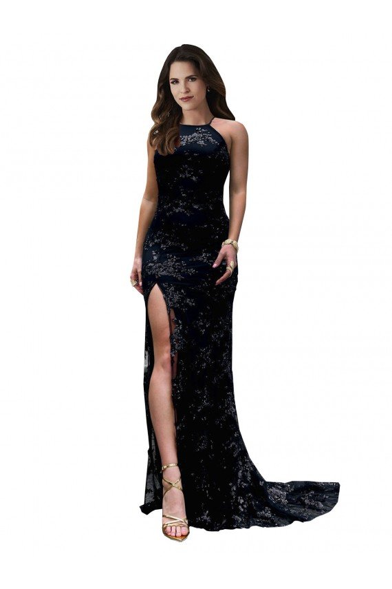 Formal High Neckline Lace Open Back Bridesmaid Dress / Prom Dress with High Slit Essex