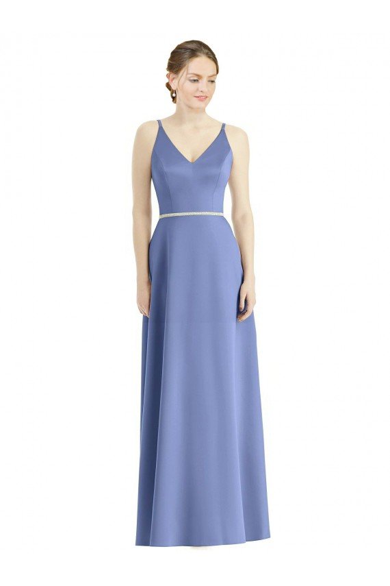 Long Floor Length V-Neck Satin Bridesmaid Dress with Spaghetti Straps Essex