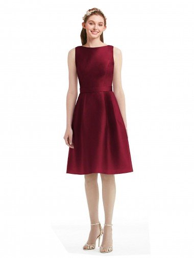 Short Midi Length Satin Cocktail Bridesmaid Dress with Bateau Neckline and V-Back Essex