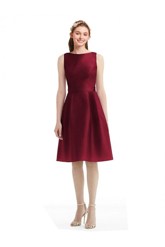 Short Midi Length Satin Cocktail Bridesmaid Dress with Bateau Neckline and V-Back Essex