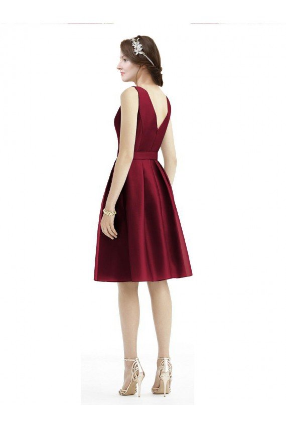 Short Midi Length Satin Cocktail Bridesmaid Dress with Bateau Neckline and V-Back Essex