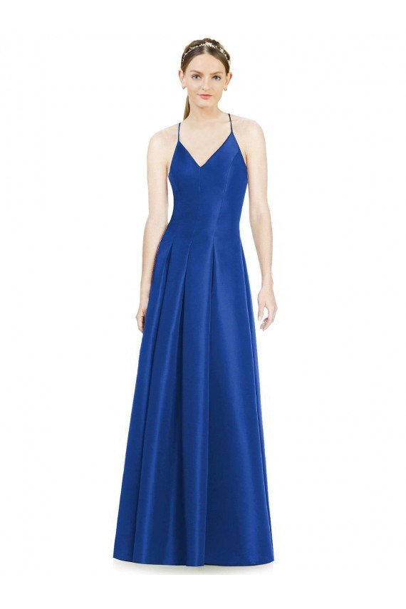 Full Pleated V-Neck Long Satin Bridesmaid Dress with Criss Cross Open Back Essex