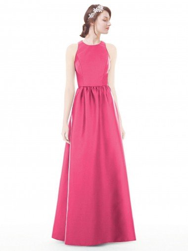 Jewel Neck Keyhole Back Sleek Long Satin Bridesmaid Dress Essex