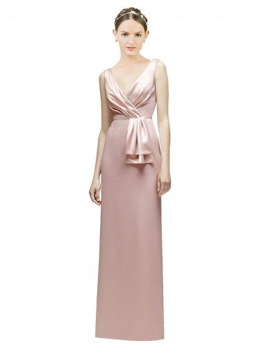 Sleeveless V-Neck Long Satin Bridesmaid Dress with Draped Bodice and Tiered Bow Essex