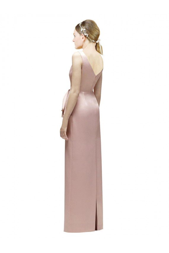 Sleeveless V-Neck Long Satin Bridesmaid Dress with Draped Bodice and Tiered Bow Essex
