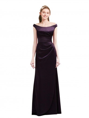 Off The Shoulder Long Satin Bridesmaid Dress with Asymmetrical Pleated Bodice Essex