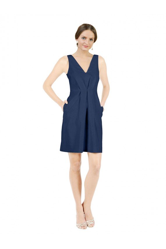 Deep V-Neck Short Knee Length Satin Cocktail Bridesmaid Dress with Slimming Pleats Essex