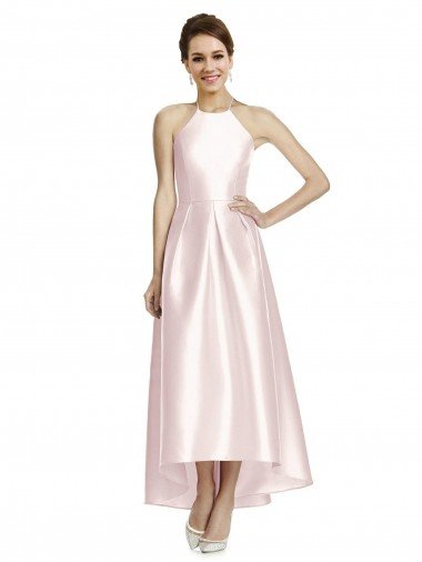 Long High-Low Halter Satin Bridesmaid Dress with Criss-Cross Back Essex