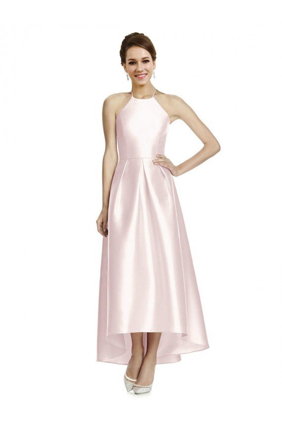 Long High-Low Halter Satin Bridesmaid Dress with Criss-Cross Back Essex