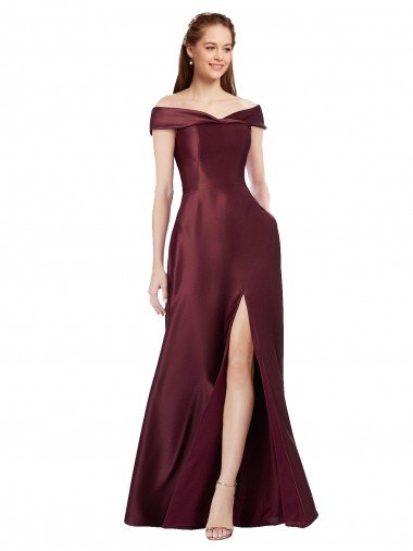 Long Off the Shoulder Formal Satin Bridesmaid Dress / Prom Dress with Thigh-high Slit Essex