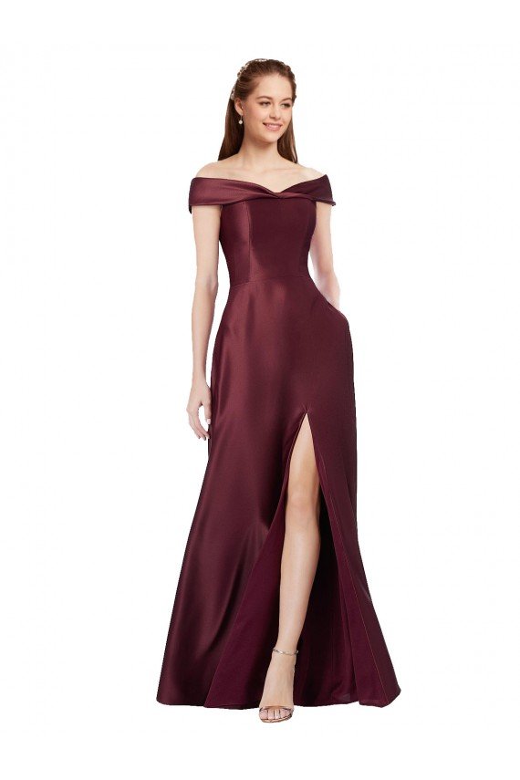 Long Off the Shoulder Formal Satin Bridesmaid Dress / Prom Dress with Thigh-high Slit Essex