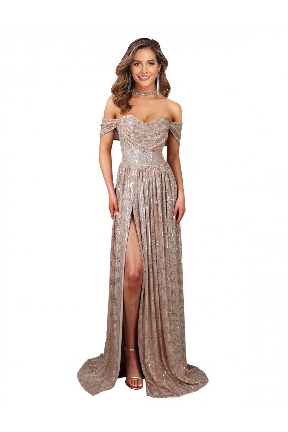 Strapless Scoop Neck Off the Shoulder Long Formal Sequin Bridesmaid Dress / Prom Dress with High Slit Essex
