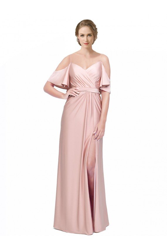 Draped Cold Shoulder Sleeves Long Formal Silky Satin Bridesmaid Dress / Prom Dress with Slit and Tie Back Essex