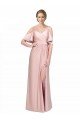 Draped Cold Shoulder Sleeves Long Formal Silky Satin Bridesmaid Dress / Prom Dress with Slit and Tie Back Essex
