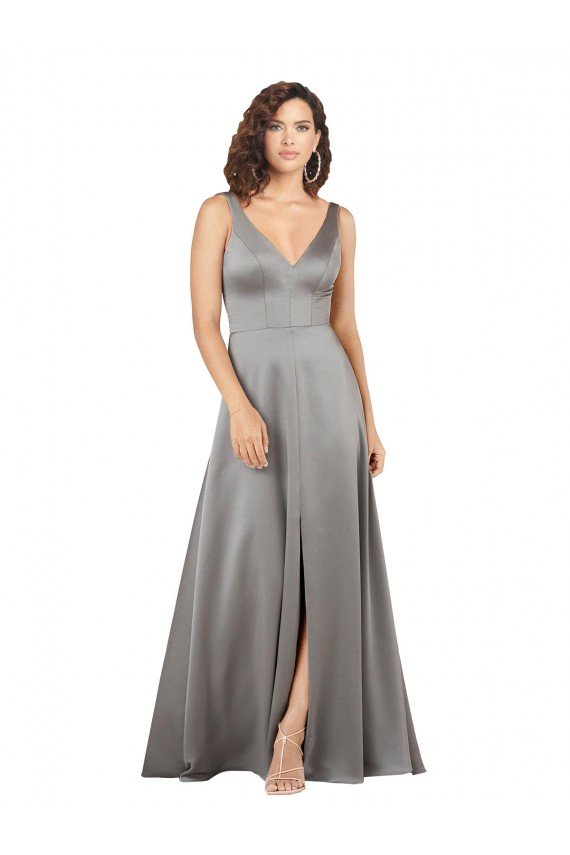Plunging V-Neckline Long A-Line Formal Silky Satin Bridesmaid Dress / Prom Dress Essex