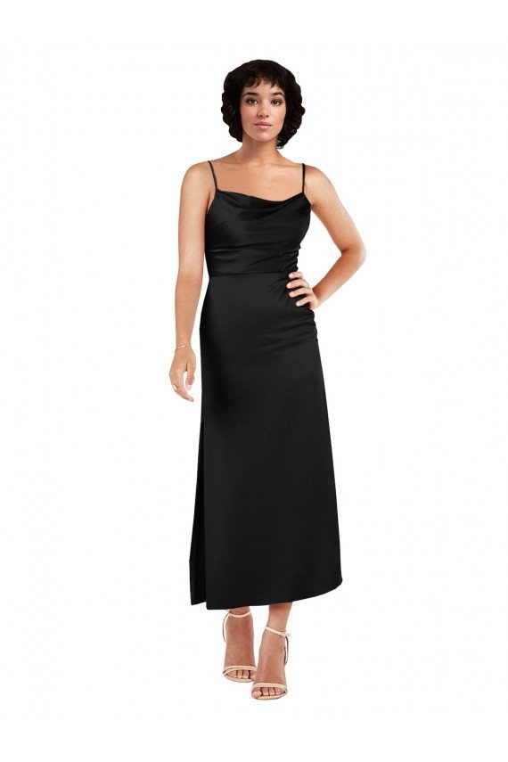 Cowl Neck Formal Tea-Length Short Silky Satin Bridesmaid Dress / Cocktail Prom Dress with Skirt Slit Essex