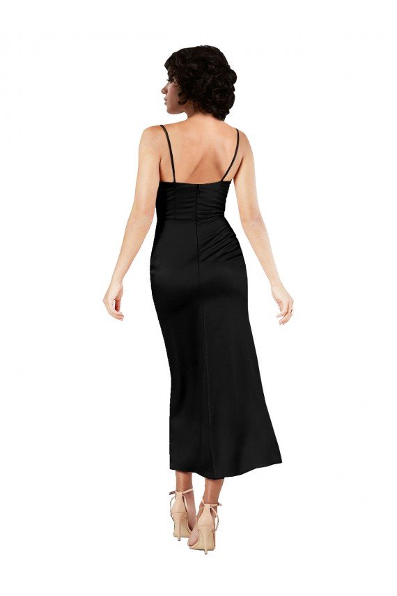 Cowl Neck Formal Tea-Length Short Silky Satin Bridesmaid Dress / Cocktail Prom Dress with Skirt Slit Essex