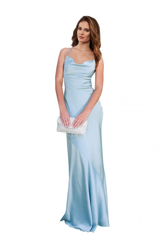 Open Back with Ties Cowl Neck Sheath Formal Silky Satin Long Bridessmaid Dress Essex